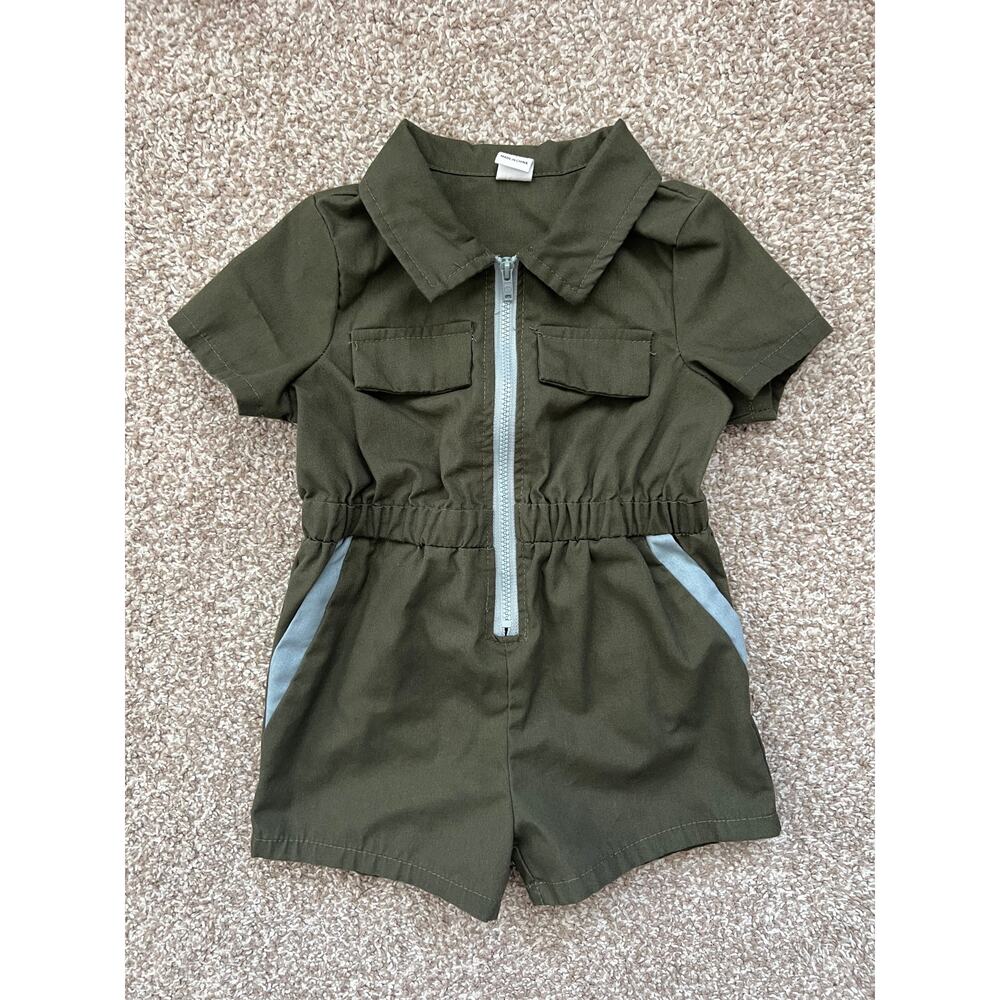 SHEIN Baby Utility Romper Olive Green Zip Front Cargo One Piece 12-18M
